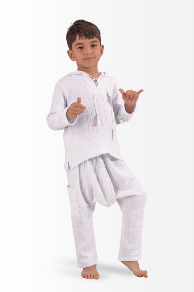 Müslin Erkek Çocuk Yazlık Sweatshirt Şalvarlı Pantolon Takım Beyaz 10-12 Yaş