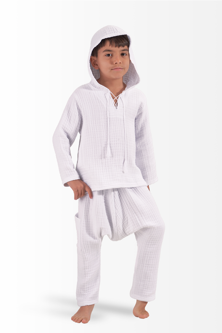 Müslin Erkek Çocuk Yazlık Sweatshirt Şalvarlı Pantolon Takım Beyaz 10-12 Yaş