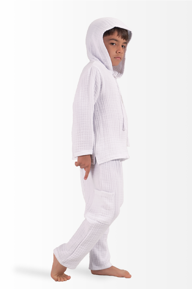 Müslin Erkek Çocuk Yazlık Sweatshirt Şalvarlı Pantolon Takım Beyaz 10-12 Yaş