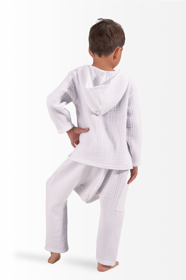 Müslin Erkek Çocuk Yazlık Sweatshirt Şalvarlı Pantolon Takım Beyaz 10-12 Yaş