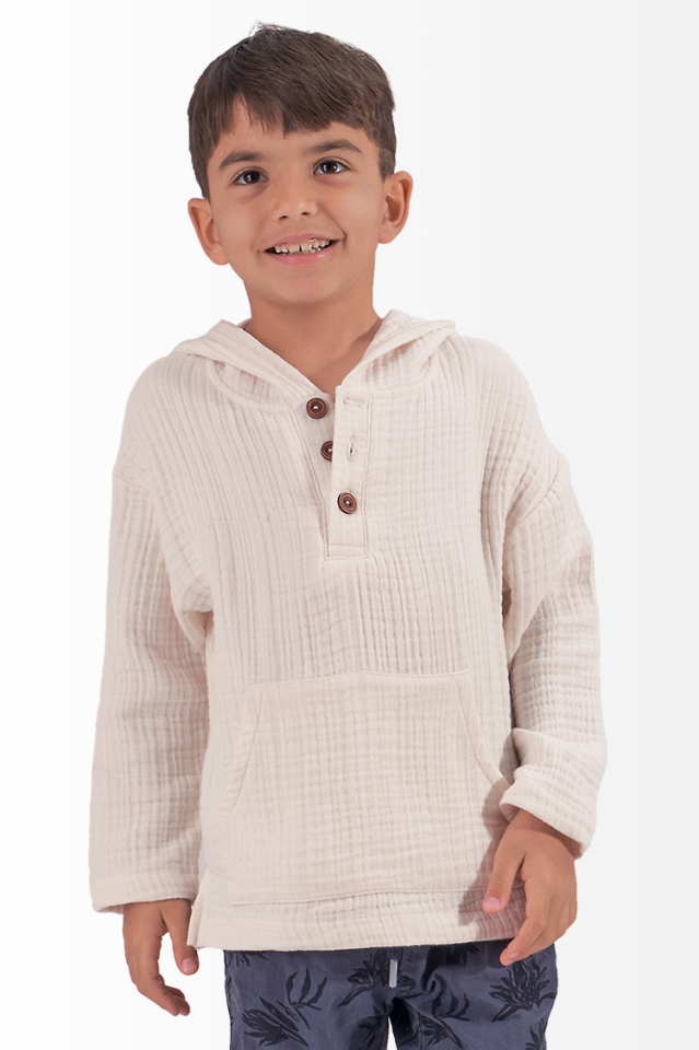 Müslin Erkek Çocuk Kapşonlu Sweatshirt Kirli Beyaz