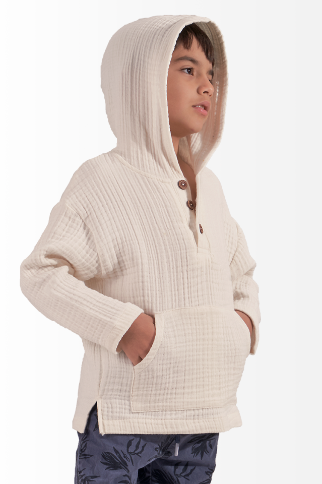 Müslin Erkek Çocuk Kapşonlu Sweatshirt Kirli Beyaz