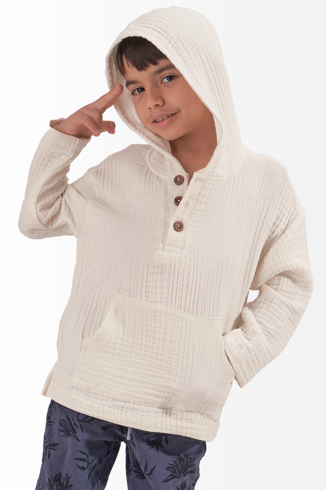 Müslin Erkek Çocuk Kapşonlu Sweatshirt Kirli Beyaz