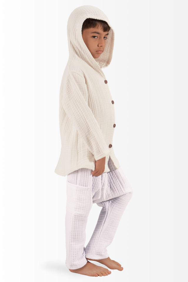 Müslin Erkek Çocuk Yazlık Sweatshirt Şalvarlı Pantolon Takım Beyaz-Kirli Beyaz