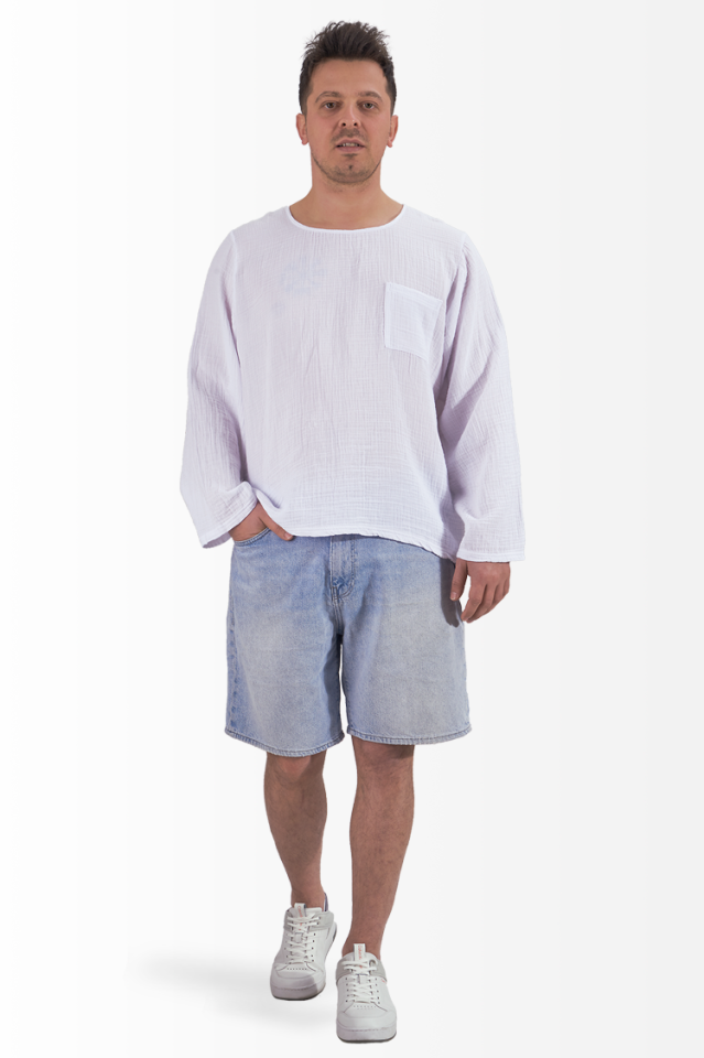 Müslin Sweatshirt Bisiklet Yaka Cepli Basic Model Beyaz