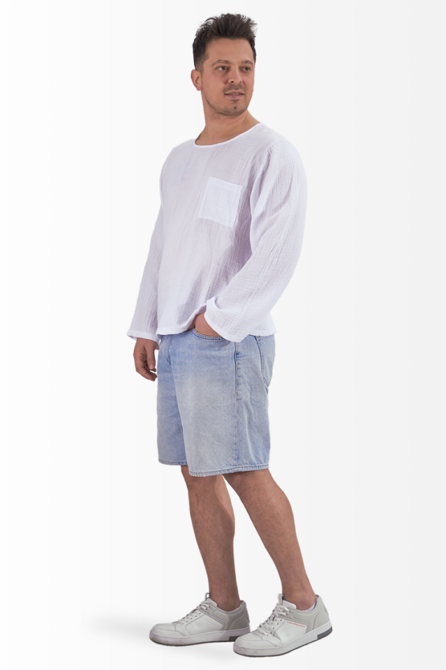 Müslin Sweatshirt Bisiklet Yaka Cepli Basic Model Beyaz