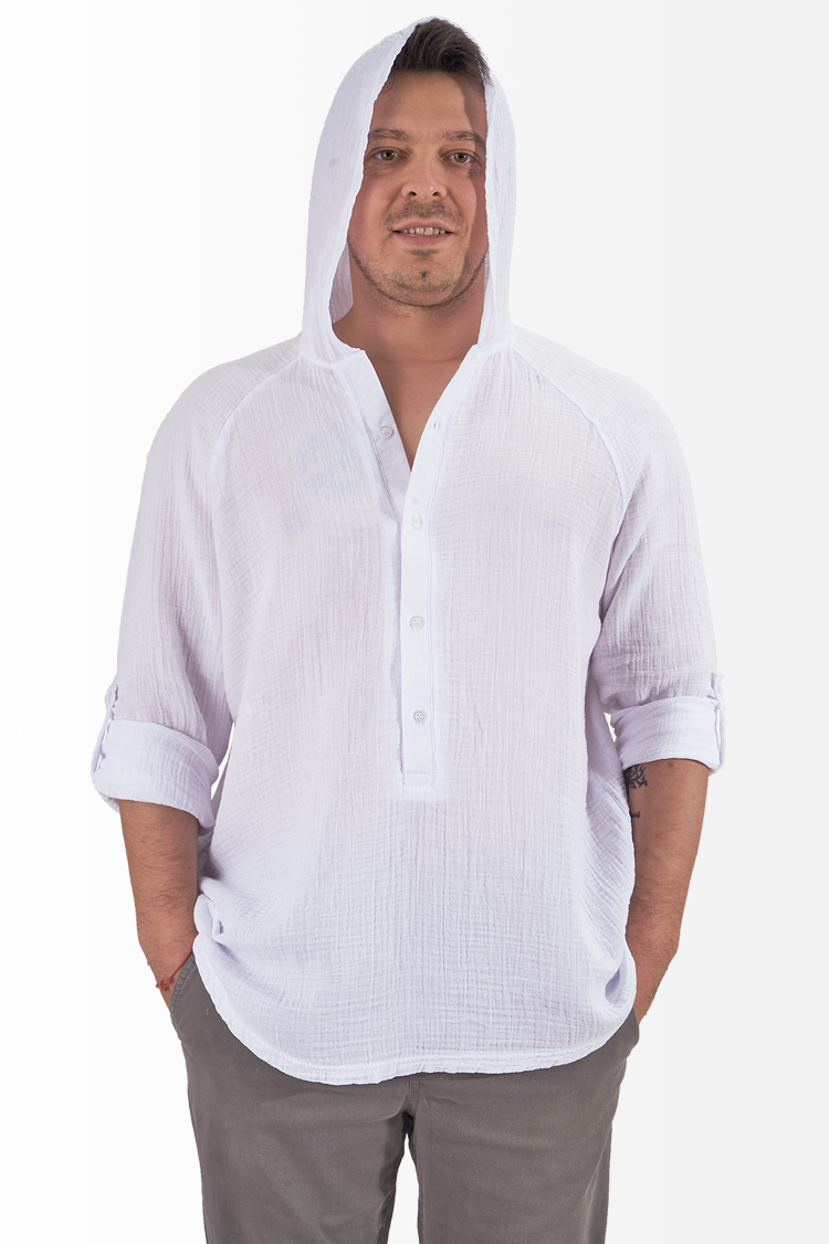 Müslin Gömlek Kapşonlu Reglan Kol Spor Model Beyaz