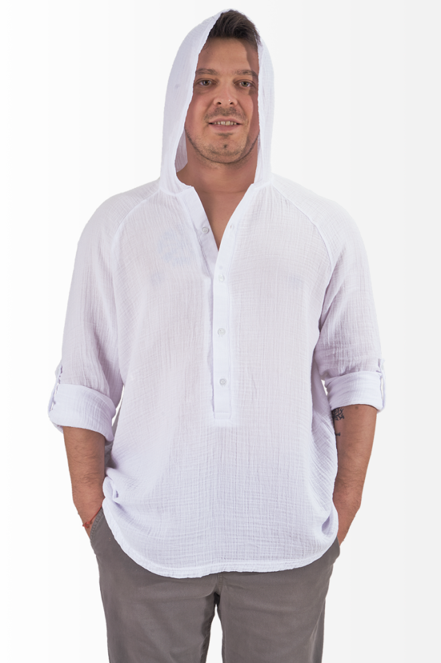 Müslin Gömlek Kapşonlu Reglan Kol Spor Model Beyaz