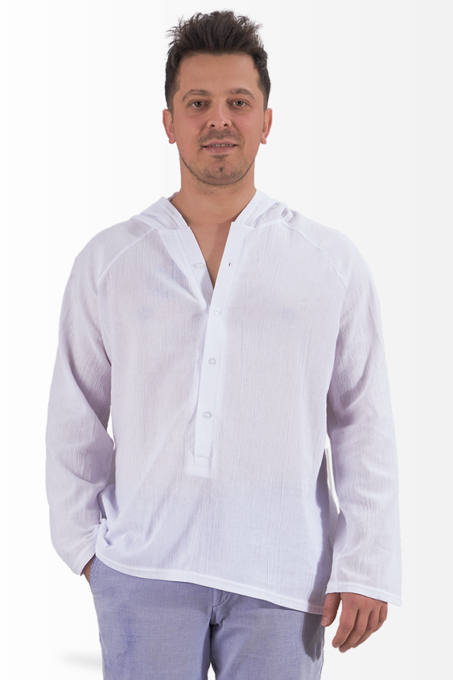 Şile Bezi Gömlek Kapşonlu Reglan Kol Spor Model Beyaz