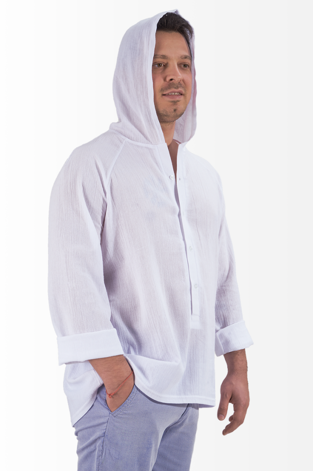 Şile Bezi Gömlek Kapşonlu Reglan Kol Spor Model Beyaz