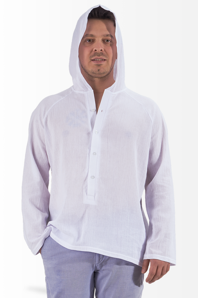 Şile Bezi Gömlek Kapşonlu Reglan Kol Spor Model Beyaz