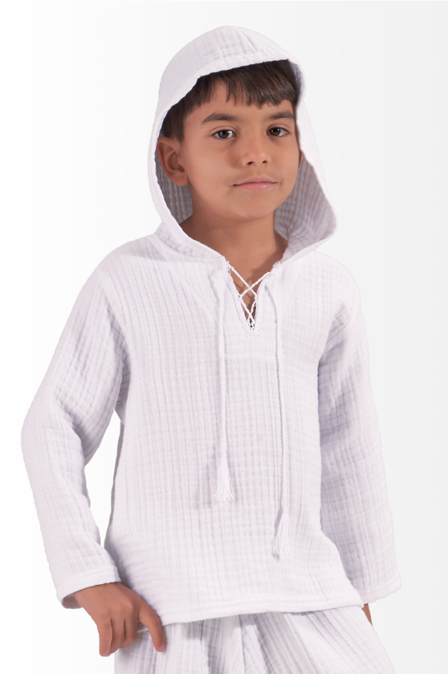 Müslin Erkek Çocuk Sweatshirt Kapşonlu Beyaz