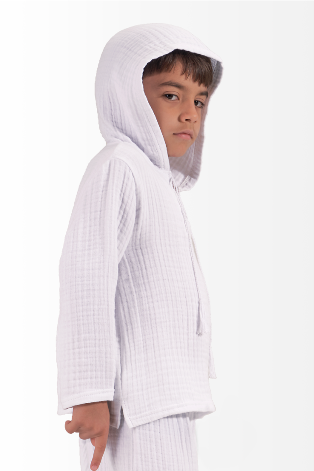 Müslin Erkek Çocuk Sweatshirt Kapşonlu Beyaz