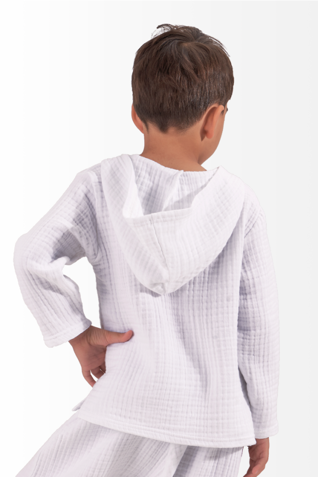 Müslin Erkek Çocuk Sweatshirt Kapşonlu Beyaz